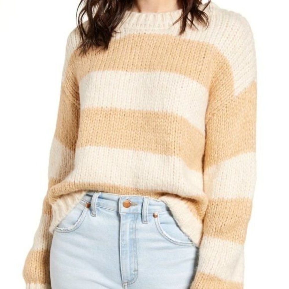 Hiatus Camel/Ivory Striped Chunky Crew Neck Knit Sweater - Large - Picture 2 of 7